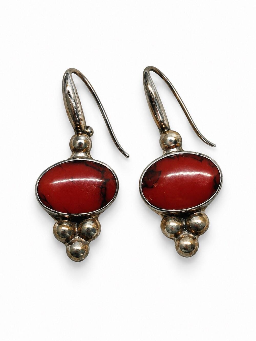 Artisan Boho Vintage 925 Sterling Silver Red Jasper Oval Dangle Earrings